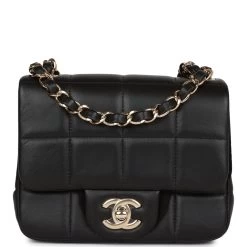 Chanel Monaco Mini Square Flap Bag Black Lambskin Light Gold Hardware