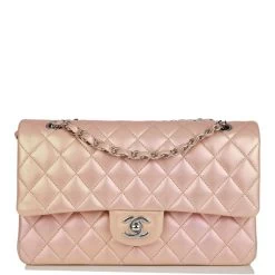 Chanel Medium Classic Double Flap Bag Pink Iridescent Lambskin Silver Hardware