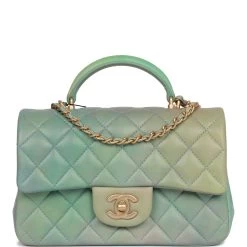 Chanel Mini Rectangular Flap Bag With Top Handle Green Ombre Lambskin Antique Gold Hardware