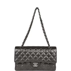 Chanel Medium Classic Double Flap Bag Metallic Grey Lambskin Silver Hardware -Online Bag Store C M255 022023 1 07