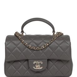 Chanel Mini Rectangular Flap Bag With Top Handle Dark Grey Lambskin Light Gold Hardware