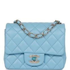 Chanel Mini Square Flap Bag Blue Lambskin Light Gold Hardware