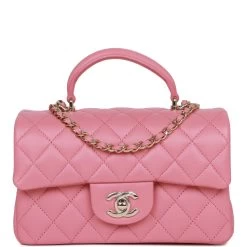 Chanel Mini Rectangular Flap With Top Handle Dark Pink Lambskin Light Gold Hardware