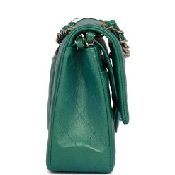 Chanel Medium Classic Double Flap Bag Green Iridescent Lambskin Light Gold Hardware -Online Bag Store C M255 071222 1 03