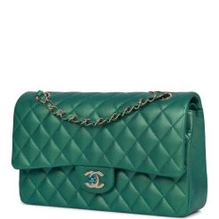 Chanel Medium Classic Double Flap Bag Green Iridescent Lambskin Light Gold Hardware -Online Bag Store C M255 071222 1 05