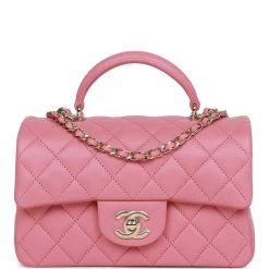 Chanel Mini Rectangular Flap Bag With Top Handle Pink Lambskin Light Gold Hardware