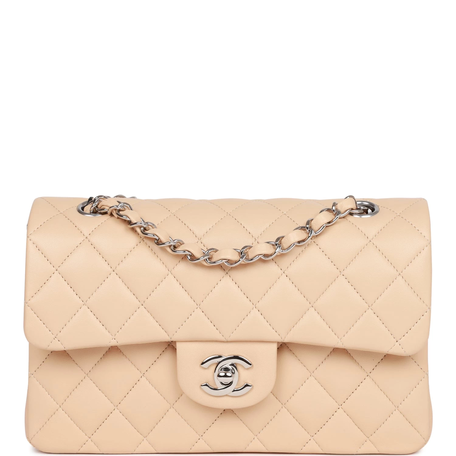 Chanel Small Classic Double Flap Beige Lambskin Silver Hardware 3 Chanel Small Classic Double Flap Beige Lambskin Silver Hardware