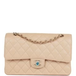 Chanel Medium Classic Double Flap Bag Beige Iridescent Caviar Light Gold Hardware