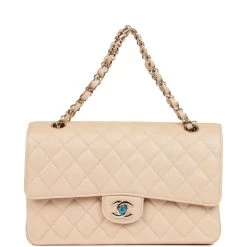 Chanel Medium Classic Double Flap Bag Beige Iridescent Caviar Light Gold Hardware -Online Bag Store C M255 091322 1 07