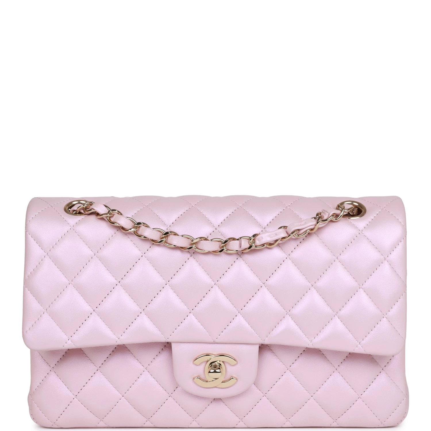 Chanel Medium Classic Double Flap Bag Pink Iridescent Lambskin Light Gold Hardware 3 Chanel Medium Classic Double Flap Bag Pink Iridescent Lambskin Light Gold Hardware