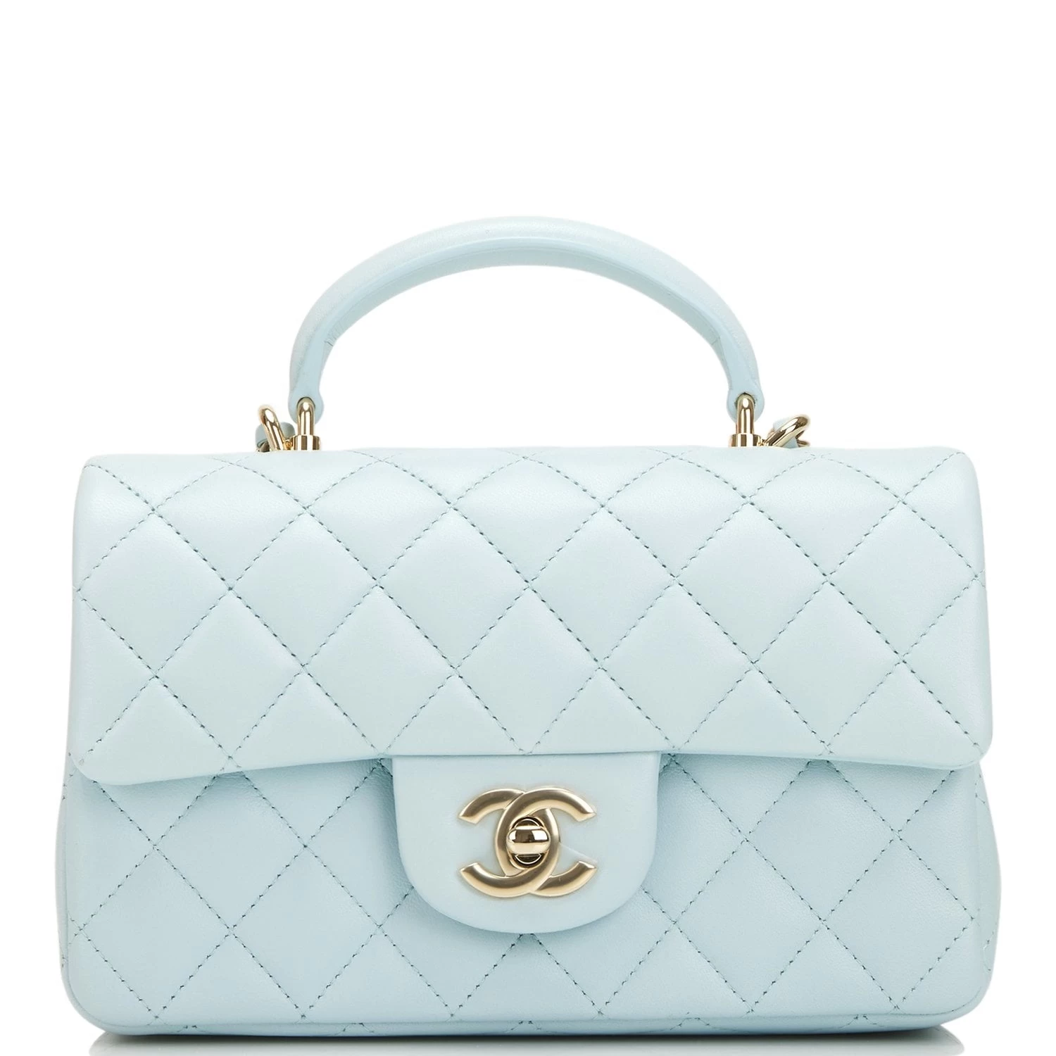 Chanel Mini Rectangular Flap With Top Handle Light Blue Lambskin Light Gold Hardware 3 Chanel Mini Rectangular Flap With Top Handle Light Blue Lambskin Light Gold Hardware