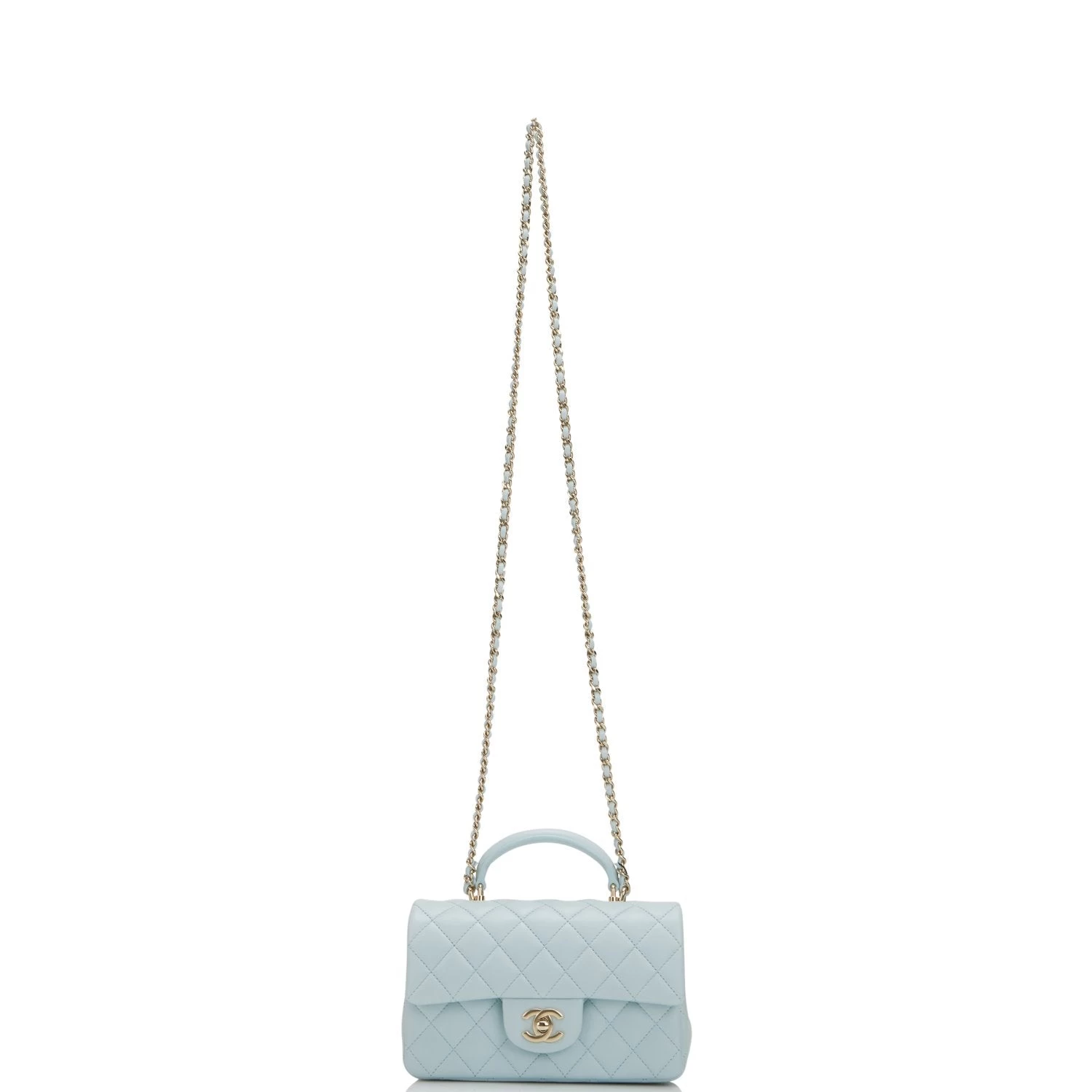 Chanel Mini Rectangular Flap With Top Handle Light Blue Lambskin Light Gold Hardware 8 Chanel Mini Rectangular Flap With Top Handle Light Blue Lambskin Light Gold Hardware - Image 6