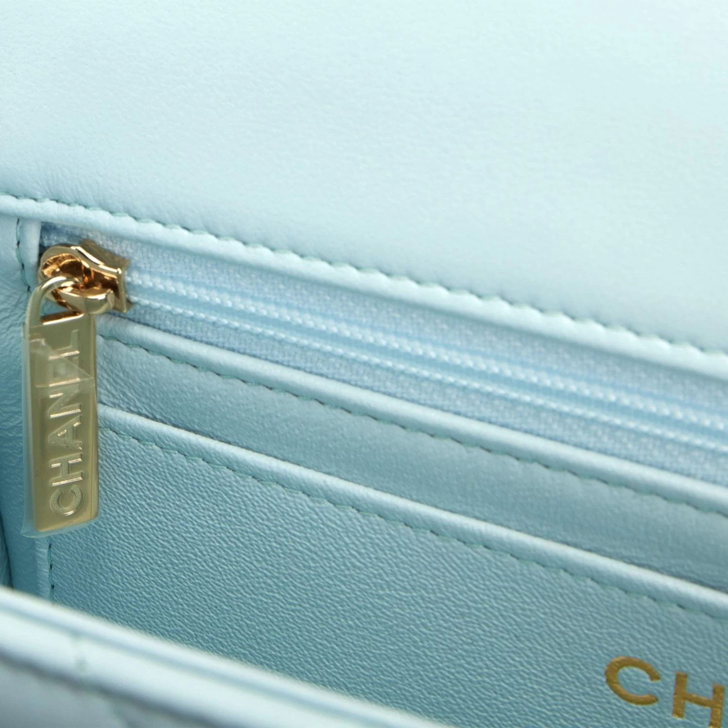 Chanel Mini Rectangular Flap With Top Handle Light Blue Lambskin Light Gold Hardware 11 Chanel Mini Rectangular Flap With Top Handle Light Blue Lambskin Light Gold Hardware - Image 9
