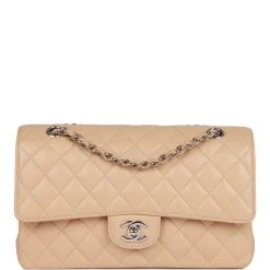 Chanel Medium Classic Double Flap Bag Beige Caviar Silver Hardware