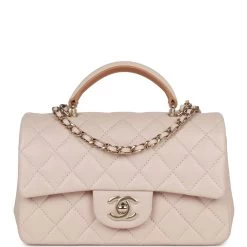 Chanel Mini Flap With Top Handle Beige And Caramel Lambskin Light Gold Hardware