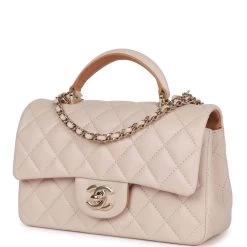 Chanel Mini Flap With Top Handle Beige And Caramel Lambskin Light Gold Hardware -Online Bag Store C M255 230317 1 03