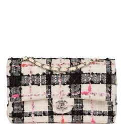 Pre-owned Chanel Medium Classic Double Flap Bag White, Black, And Pink Tweed Silver Hardware
