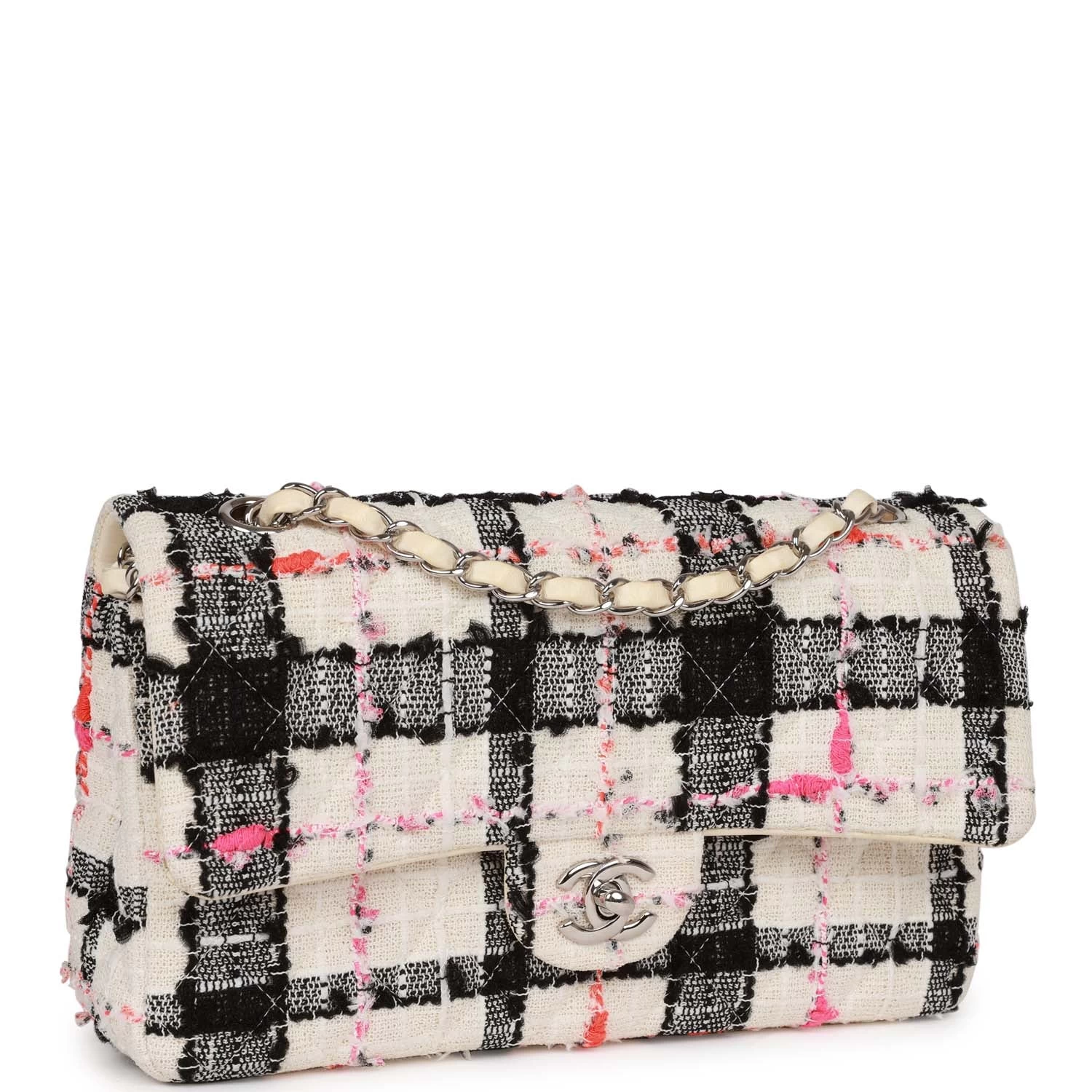 Pre-owned Chanel Medium Classic Double Flap Bag White, Black, And Pink Tweed Silver Hardware 4 Pre-owned Chanel Medium Classic Double Flap Bag White, Black, And Pink Tweed Silver Hardware - Image 2