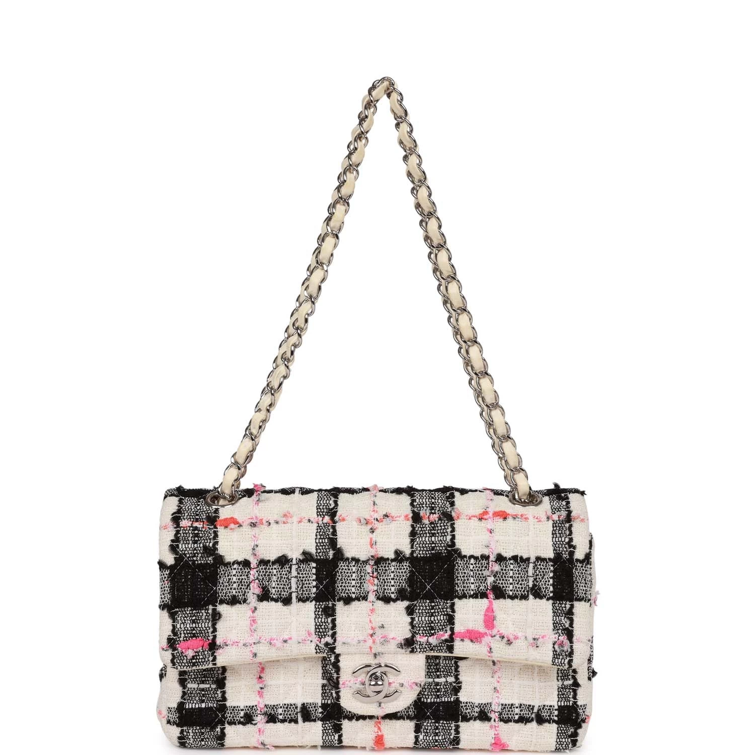 Pre-owned Chanel Medium Classic Double Flap Bag White, Black, And Pink Tweed Silver Hardware 9 Pre-owned Chanel Medium Classic Double Flap Bag White, Black, And Pink Tweed Silver Hardware - Image 7