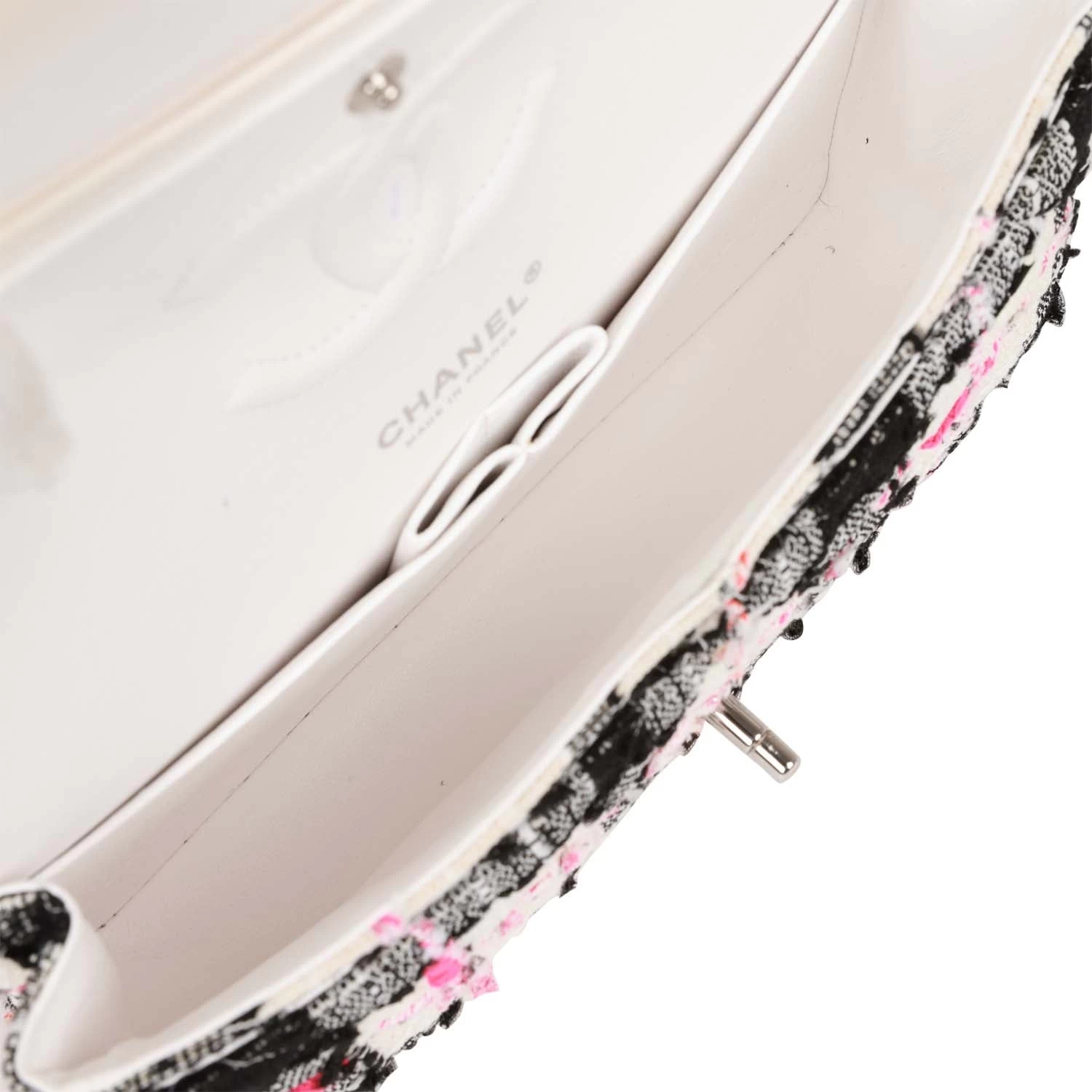Pre-owned Chanel Medium Classic Double Flap Bag White, Black, And Pink Tweed Silver Hardware 10 Pre-owned Chanel Medium Classic Double Flap Bag White, Black, And Pink Tweed Silver Hardware - Image 8