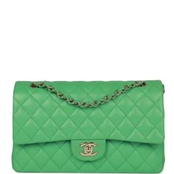 Chanel Medium Classic Double Flap Bag Green Caviar Light Gold Hardware