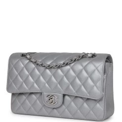 Chanel Medium Classic Double Flap Bag Silver Metallic Lambskin Silver Hardware -Online Bag Store C M255 230502 1 03