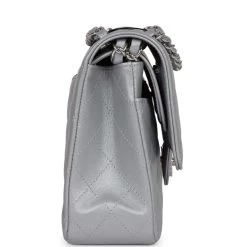 Chanel Medium Classic Double Flap Bag Silver Metallic Lambskin Silver Hardware -Online Bag Store C M255 230502 1 04
