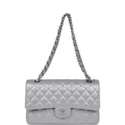 Chanel Medium Classic Double Flap Bag Silver Metallic Lambskin Silver Hardware -Online Bag Store C M255 230502 1 07