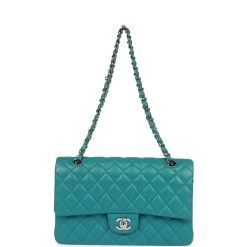 Pre-owned Chanel Medium Classic Double Flap Bag Blue Lambskin Silver Hardware -Online Bag Store C M255 230602 1 07