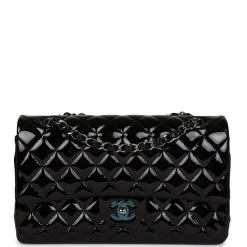 Chanel Medium Classic Double Flap Bag Black Patent Leather Silver Hardware