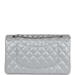 Chanel Medium Classic Double Flap Silver Metallic Lambskin Silver Hardware -Online Bag Store C M255 231017 1 05
