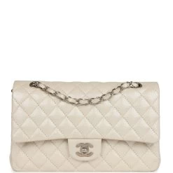 Pre-owned Chanel Medium Classic Double Flap Pearlescent Ivory Caviar Brushed Silver Hardware