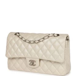 Pre-owned Chanel Medium Classic Double Flap Pearlescent Ivory Caviar Brushed Silver Hardware -Online Bag Store C M255 231023 1 KA 03