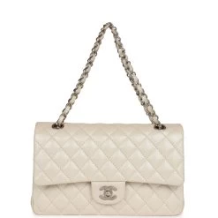 Pre-owned Chanel Medium Classic Double Flap Pearlescent Ivory Caviar Brushed Silver Hardware -Online Bag Store C M255 231023 1 KA 07