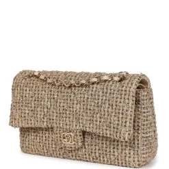 Pre-owned Chanel Medium Classic Double Flap Beige Tweed Gold Hardware -Online Bag Store C M255 231110 1 RL 03