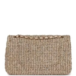 Pre-owned Chanel Medium Classic Double Flap Beige Tweed Gold Hardware -Online Bag Store C M255 231110 1 RL 05