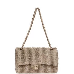 Pre-owned Chanel Medium Classic Double Flap Beige Tweed Gold Hardware -Online Bag Store C M255 231110 1 RL 07