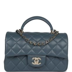 Chanel Mini Rectangular Flap With Top Handle Blue Lambskin Light Gold Hardware