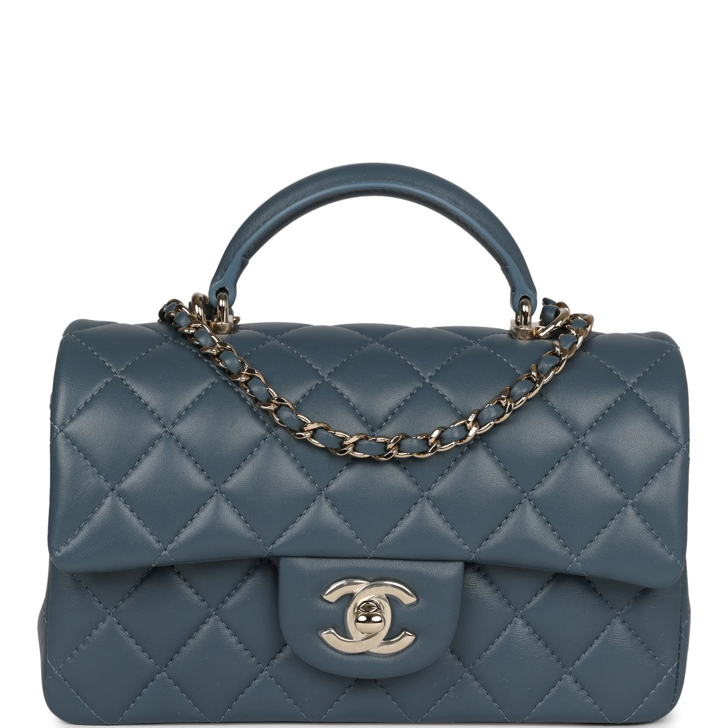 Chanel Mini Rectangular Flap With Top Handle Blue Lambskin Light Gold Hardware 3 Chanel Mini Rectangular Flap With Top Handle Blue Lambskin Light Gold Hardware