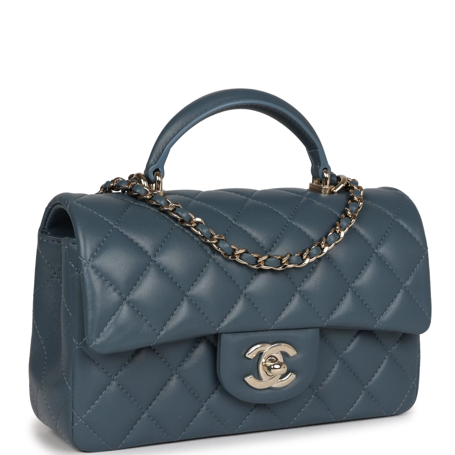 Chanel Mini Rectangular Flap With Top Handle Blue Lambskin Light Gold Hardware 4 Chanel Mini Rectangular Flap With Top Handle Blue Lambskin Light Gold Hardware - Image 2