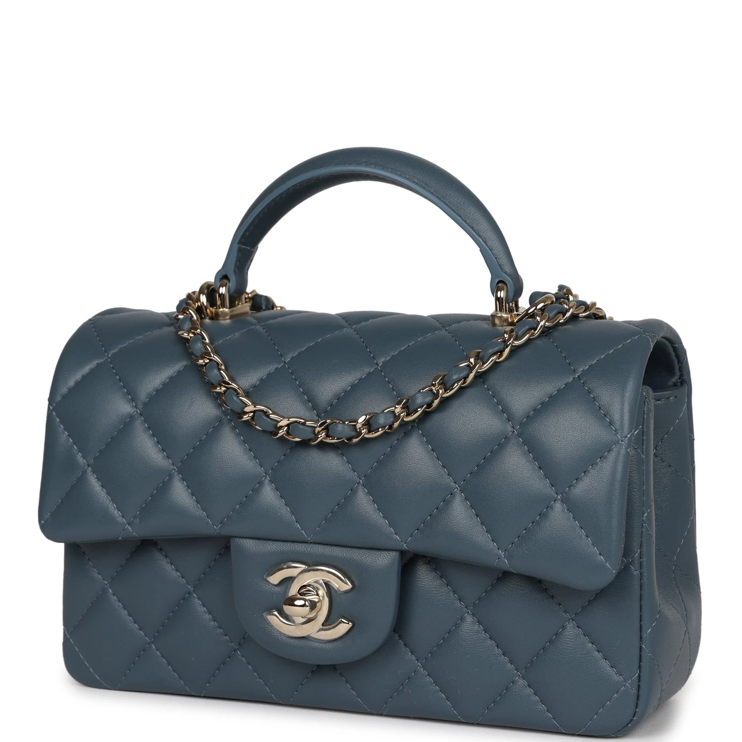 Chanel Mini Rectangular Flap With Top Handle Blue Lambskin Light Gold Hardware 7 Chanel Mini Rectangular Flap With Top Handle Blue Lambskin Light Gold Hardware - Image 5