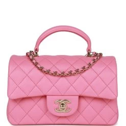 Chanel Rectangular Mini Flap Bag With Top Handle Pink Lambskin Light Gold Hardware