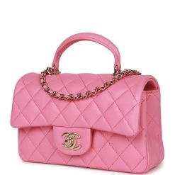 Chanel Rectangular Mini Flap Bag With Top Handle Pink Lambskin Light Gold Hardware -Online Bag Store C MN255 230413 1 03