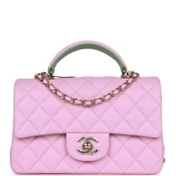 Chanel Mini Rectangular Flap With Top Handle Pink And Green Lambskin Light Gold Hardware