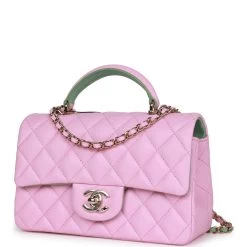 Chanel Mini Rectangular Flap With Top Handle Pink And Green Lambskin Light Gold Hardware -Online Bag Store C MN255 230509 1 03