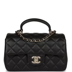 Chanel Mini Rectangular Flap Bag With Top Handle Black Lambskin Light Gold Hardware