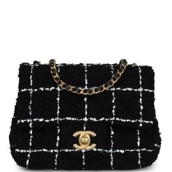 Chanel Pearl Crush Mini Square Flap Bag White And Black Tweed Antique Gold Hardware