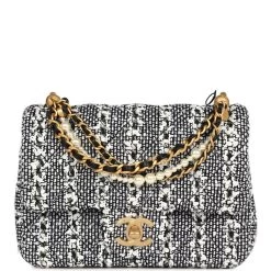 Chanel Mini Square Pearl Flap Bag Black And White Sequin Tweed Brushed Gold Hardware