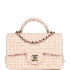 Chanel Mini Rectangular Top Handle Flap Pink And White Tweed Light Gold Hardware