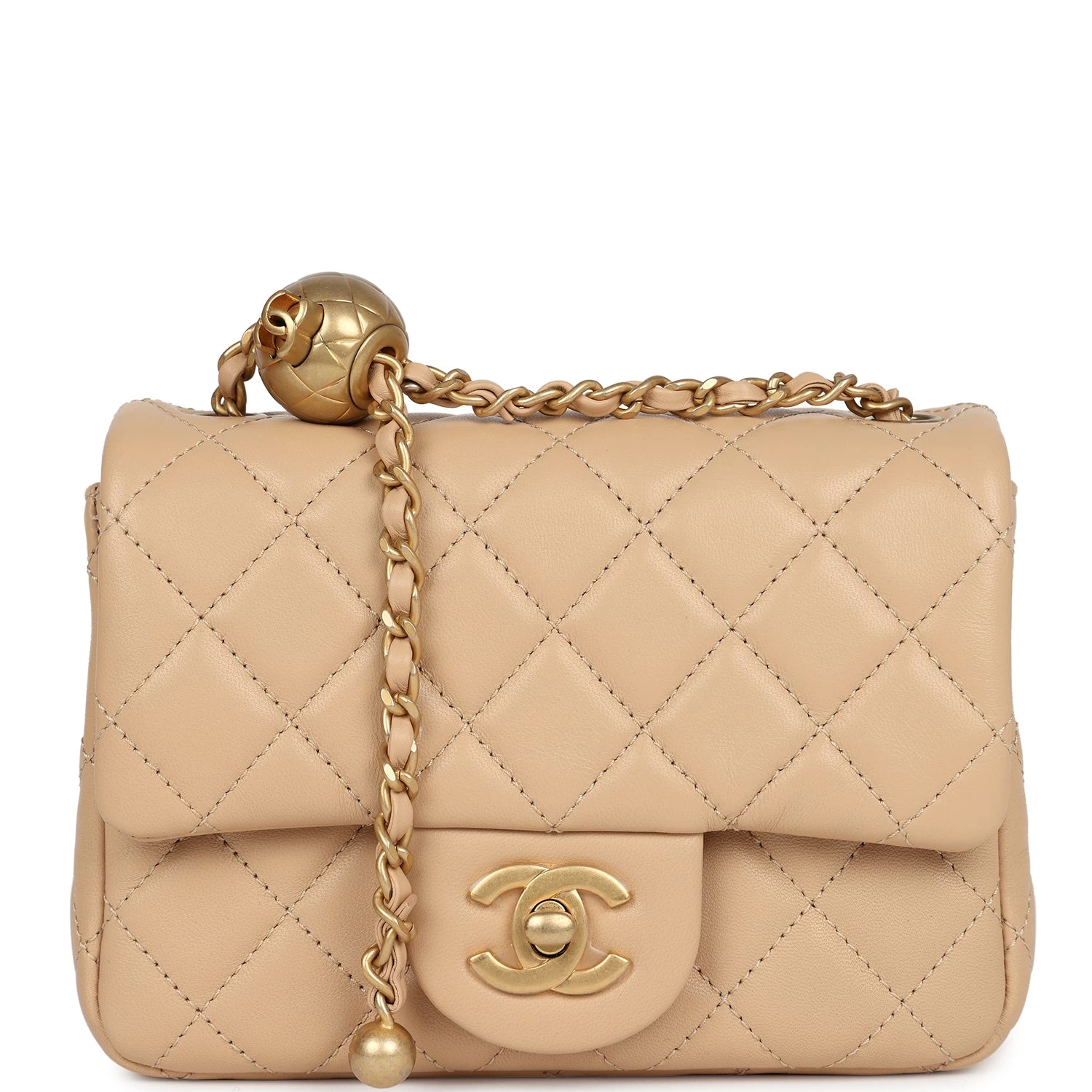 Chanel Mini Square Pearl Crush Flap Bag Beige Lambskin Aged Gold Hardware 3 Chanel Mini Square Pearl Crush Flap Bag Beige Lambskin Aged Gold Hardware